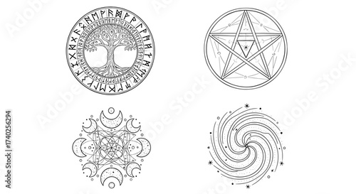 Mystical Symbols: Intricate Black and White Designs for Spiritual Exploration