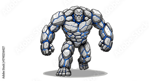 Powerful Stone Golem Illustration with Blue Energy Veins Striding Forward
