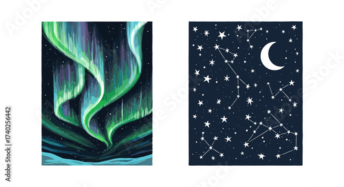 Magical Night Sky featuring Aurora Borealis and Constellations Art