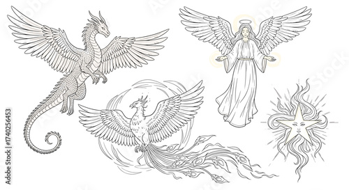Mythical Line Art Composition Featuring Angel, Dragon, Phoenix, and Star