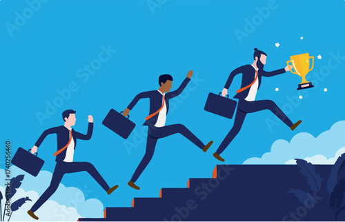Team running to the top - Three business people running up stairs towards goal, leader has trophy in hand. Teamwork and winning concept. Vector illustration
