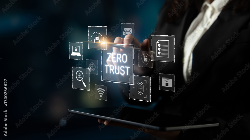 Fototapeta premium Zero trust model enhances data protection. Zero trust blocks unauthorized access, secures devices, zero trust defends networks, and zero trust verifies users continuously. Latch