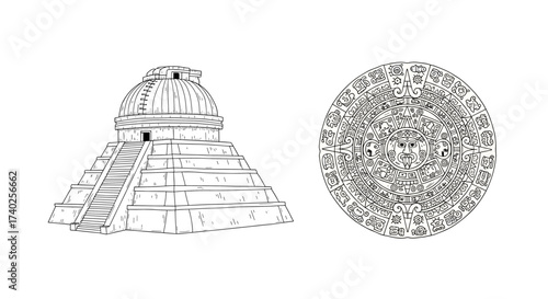 Ancient Mayan Civilization: Pyramid and Calendar Stone Illustration in Black and White