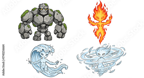 Elemental Creatures: Cartoon Representations of Earth, Fire, Water and Air