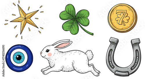 Colorful collection of classic lucky charms elements and designs.