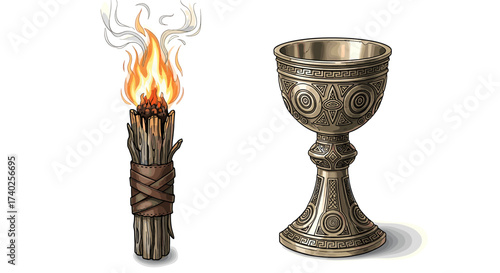 Mystical Ritual Elements: Burning Torch and Ornate Goblet Still Life