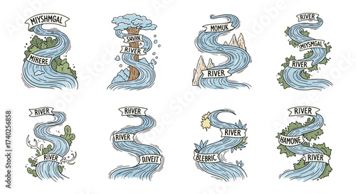 Whimsical Rivers Illustration: Set of Eight Winding Streams with Banners