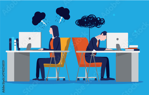 Job dissatisfaction - Two business people feeling negative and unmotivated about work in the office. Motivation problem concept. Vector illustration.