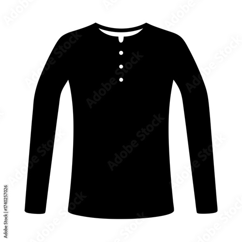 Black long sleeved Henley shirt with buttons on a white background