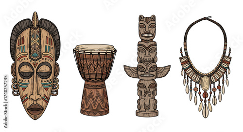 Ethnic African tribal art: Mask, drum, totem, and shell necklace