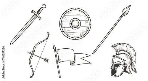 Ancient Warfare Armaments: An Isolated Sword, Shield, Spear, Bow, Flag, and Helmet