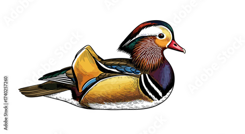 Exquisite Mandarin Duck Illustration: Vibrant Colors and Intricate Feather Details