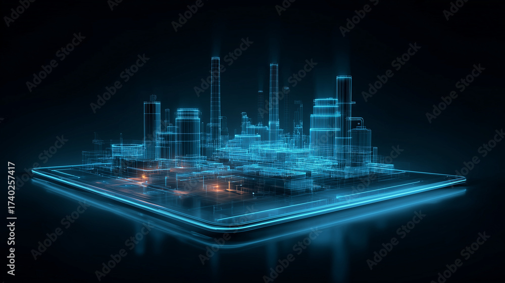 Obraz premium Glowing holographic recycling factory projected above a tablet, futuristic circular economy theme, neon cinematic effects