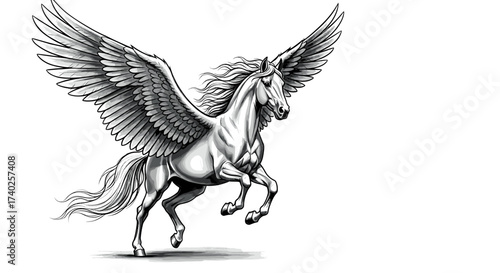 Majestic Pegasus Taking Flight: Beautiful Detailed Black and White Illustration