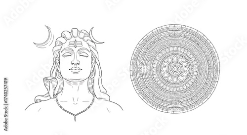 Detailed artwork showing Lord Shiva next to a Mandala drawing