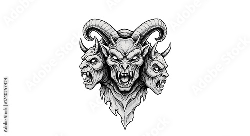 Three-headed demonic entity with horns, sharp teeth, and evil gaze