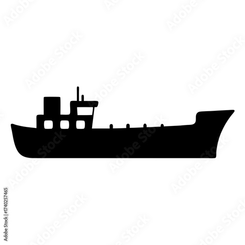 Silhouette of a freighter ship with a cabin, a wheelhouse, and antennas