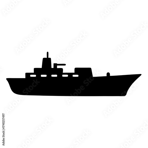 Silhouette of a modern naval warship against a white background on the ocean