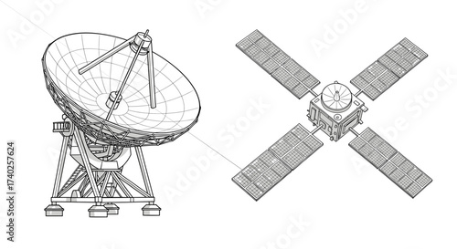 Line Art Illustration: Satellite Dish and Spacecraft with Solar Panels