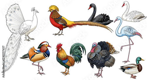 Diverse Bird Collection Featuring Peacock, Pheasant, Swan, Duck, and More