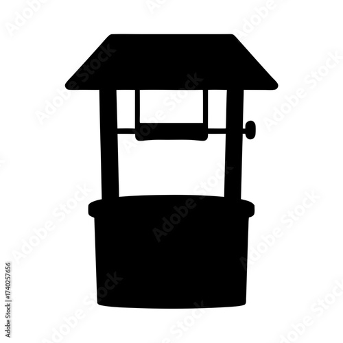 Silhouette of a whimsical water well with a roof and crank