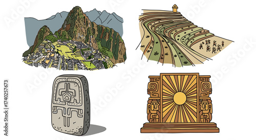 Illustration showcasing notable landmarks and symbols of the Inca civilization