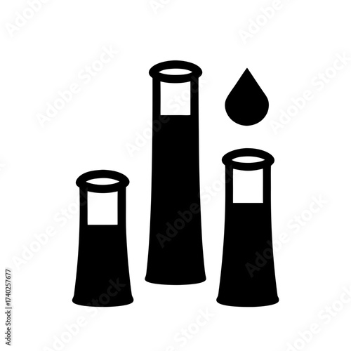 Three chemical flasks or oil industry with liquid and a drop