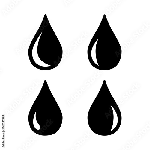 Four black water droplets with light reflections on a white background