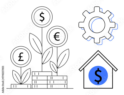 Currency plants growing from coin stacks, a gear symbolizing process, house denoting investment. Ideal for finance, business growth, banking, savings, investment strategy, wealth management simple