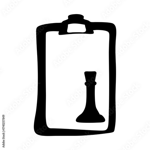 Black and white drawing depicting chess piece on a clipboard