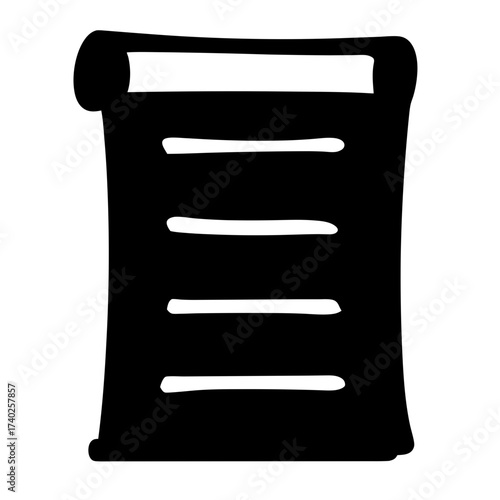 Black and white minimalist drawing of a document or scroll with lines