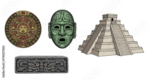 Ancient Mayan Wonders: A Hand-Drawn Style Depiction of Cultural Artifacts