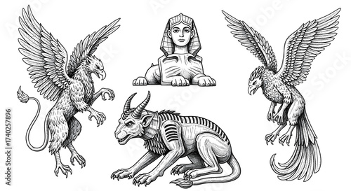 Mythical creature collage of griffin, kirin and sphinx in line art.