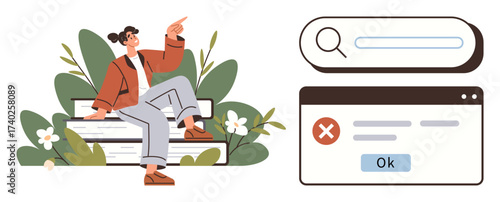 Woman sitting on large books pointing upward, surrounded by plants. Search bar and error popup interface displayed. Ideal for learning, error handling, reflection, problem-solving, concept clarity