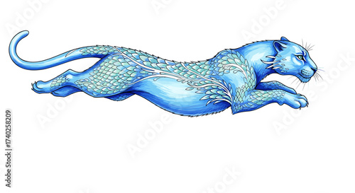 Leaping Blue Panther Illustration with Scales and Ornamental Details