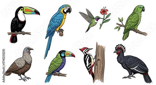 Exotic Bird Collection: Diverse Tropical Avian Fauna on White Background