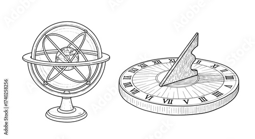 Armillary sphere and sundial line art illustration on white background