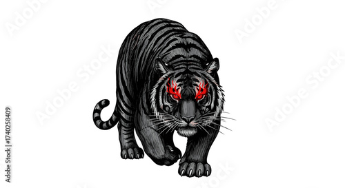 Striking black tiger illustration with piercing red eyes on white