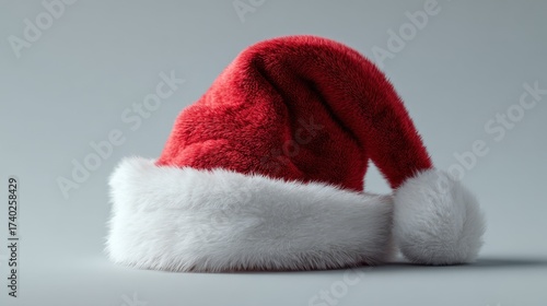 Santa hat with red velvet and white fur trim on soft neutral background