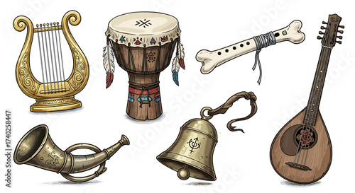 Collection of diverse musical instruments illustrations in a hand drawn style