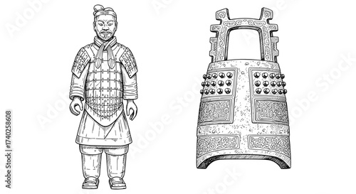 Ink Terracotta Warrior and Bronze Bell, Chinese Archaeological Treasures