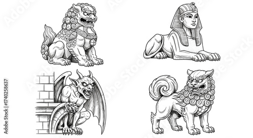 Mythical Creature Illustrations Featuring Sphinx, Gargoyle, and Foo Dog Artwork