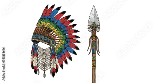 Native American Headdress and Spear on White Background, Detailed Illustration