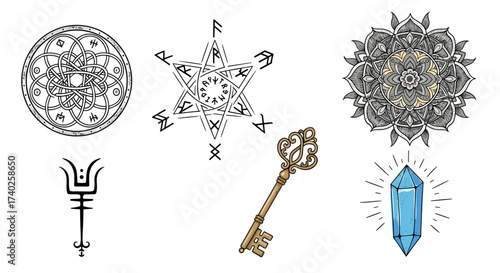 Mystical Symbols: Runes, Mandala, Key, and Crystal on White Background