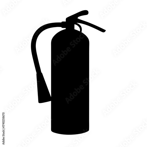 Detailed monochrome silhouette of a fire extinguisher with hose and nozzle