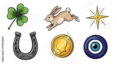 Collection of Symbols for Luck and Good Fortune on White