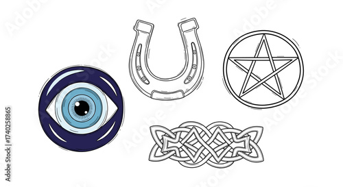 Collection of mystic and magical symbols, isolated against white background.