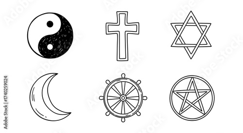 Symbolic religious and spiritual emblems illustration on a white background