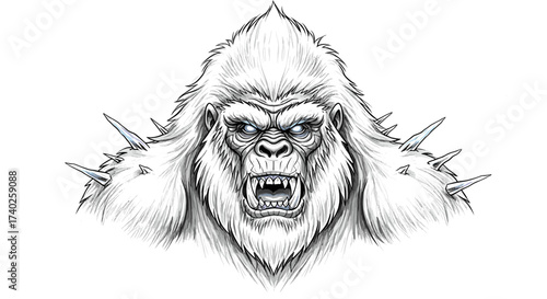 Fierce Yeti Portrait with Icy Spikes and Glowing Blue Eyes