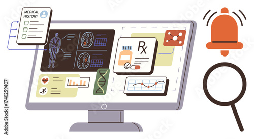 Computer screen with medical history, scans, DNA structure, Rx, graphs, magnifying glass, notification alert. Ideal for healthcare, diagnostics medical analysis telemedicine research data